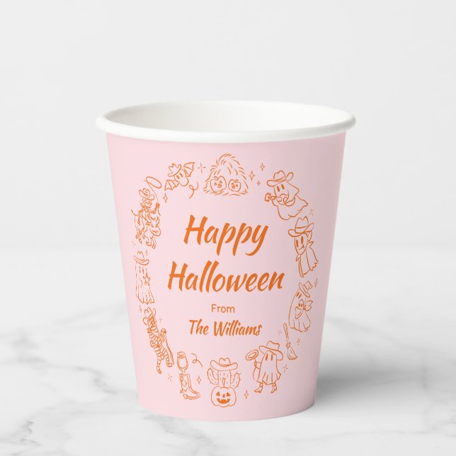 Pink Orange Quirky Hand Drawn Doodles Halloween Paper Cups (Front)