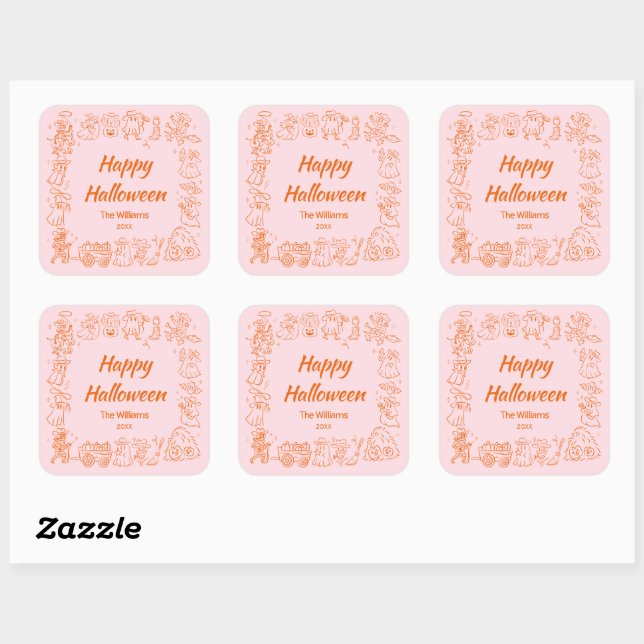 Pink Orange Quirky Hand Drawn Doodles Halloween Square Sticker (Sheet)
