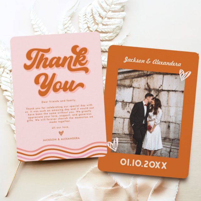 Pink Orange Retro70s Wedding Thank You Card (Creator Uploaded)