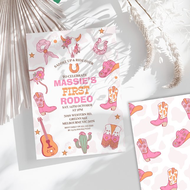 Pink Orange Retro 1st Rodeo Birthday  Invitation (Girls First Rodeo Birthday Invitation Cowgirl 1st Birthday Invitation Retro Pink Orange Wild West )