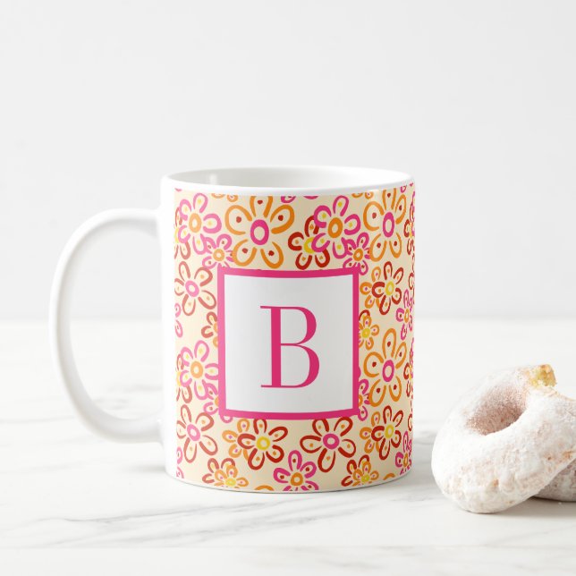 Pink Orange Retro Daisy Flowers Initial Monogram Coffee Mug (With Donut)