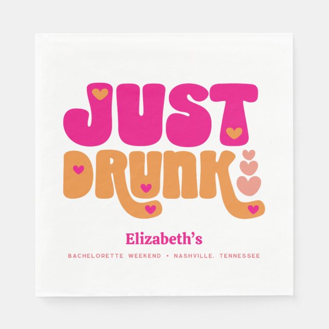 Pink Orange Retro Drunk in Love Bachelorette Party Napkin (Front)