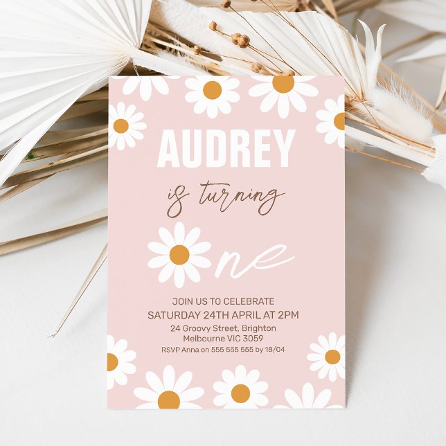 Pink Orange Retro Girls Daisy 1st Birthday Invitation (White and orange daisy 1st birthday invitation with a pink background and brown text.)