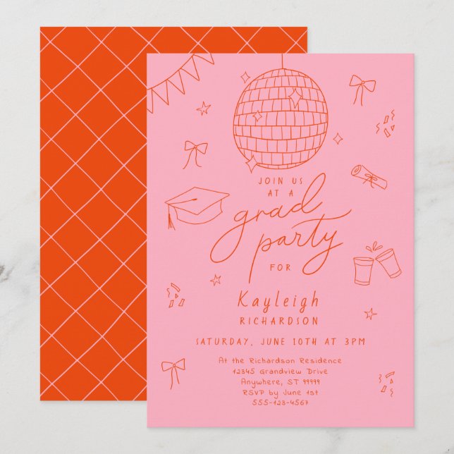 Pink Orange Retro Hand Drawn Grad Party Invitation (Front/Back)
