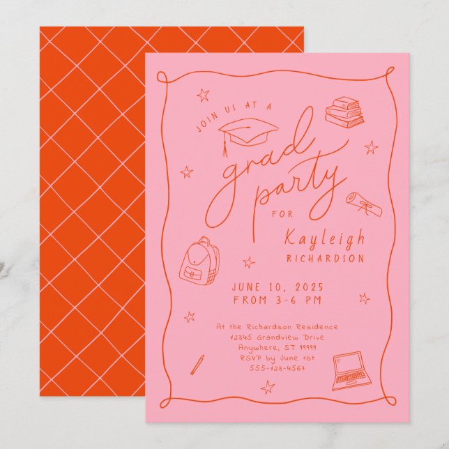 Pink Orange Retro Hand Drawn Grad Party Invitation (Front/Back)