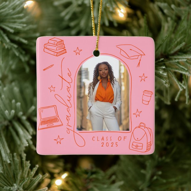Pink Orange Retro Hand Drawn Photo Graduation Ceramic Ornament (Tree)