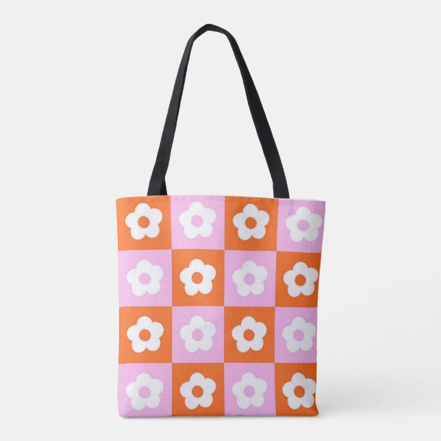 Pink Orange Retro Illustrated Flower Cute Tote Bag (Back)