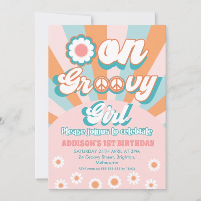 Pink Orange Retro One Groovy Girl 1st Birthday Invitation (Front)