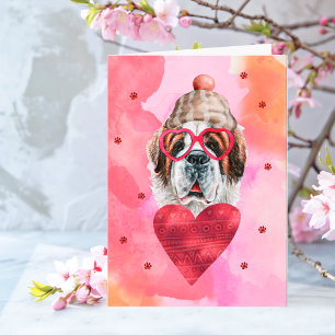 Pink Orange Saint Bernard Valentine's Day Gift Dog Card