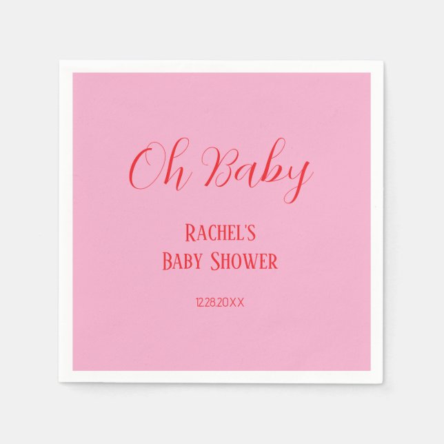 Pink Orange Script Oh Baby Girl Baby Shower Napkin (Front)