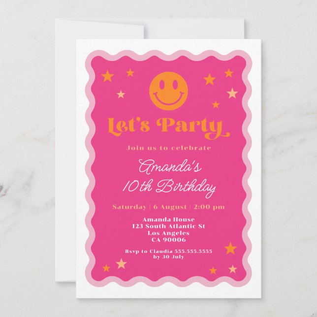 Pink & Orange Smile Face Wavy Frame Girl Birthday Invitation (Front)
