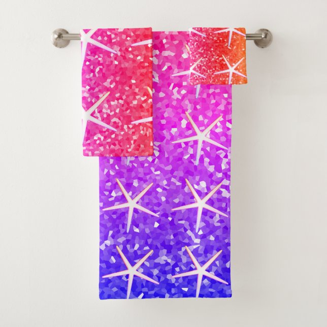 Pink Orange Sparkle Glittery Starfish Patterns Bath Towel Set (Insitu)