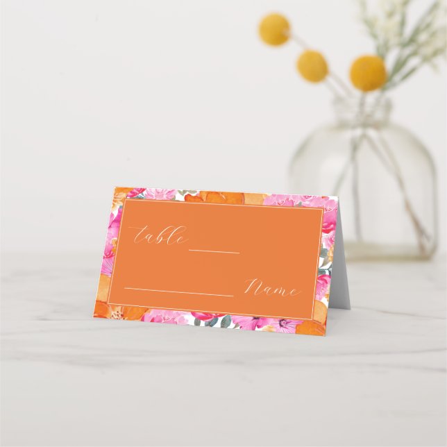 Pink & Orange Spring Summer Garden Wedding Table Place Card (Front)