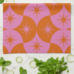 Pink Orange Starbursts on Mid Century Scallop Tea Towel