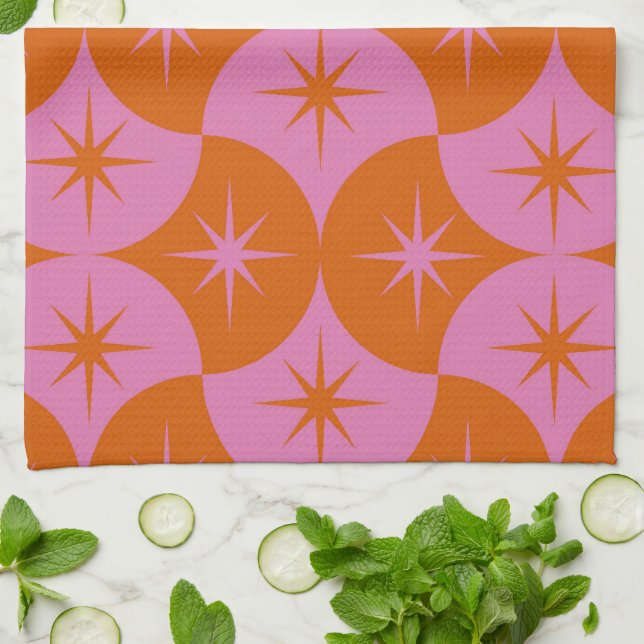 Pink Orange Starbursts on Mid Century Scallop  Tea Towel (Folded)