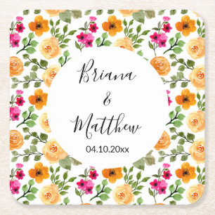 Pink Orange Summer Floral Square Paper Coaster