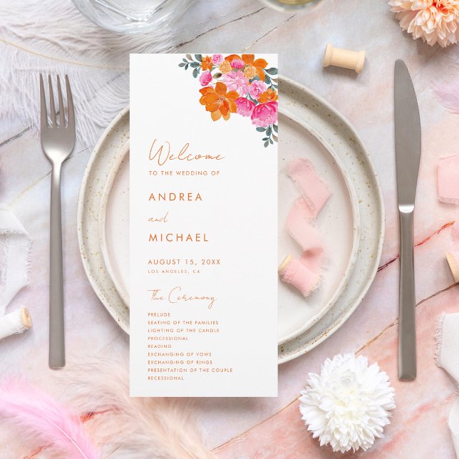 Pink Orange Summer Floral Vibrant Bloom Wedding  Programme (Creator Uploaded)