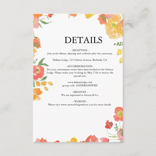 Pink & Orange Summer Floral Wedding Enclosure Card (Front)