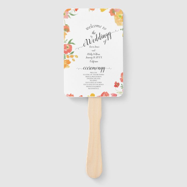 Pink & Orange Summer Floral Wedding  Hand Fan (Front)