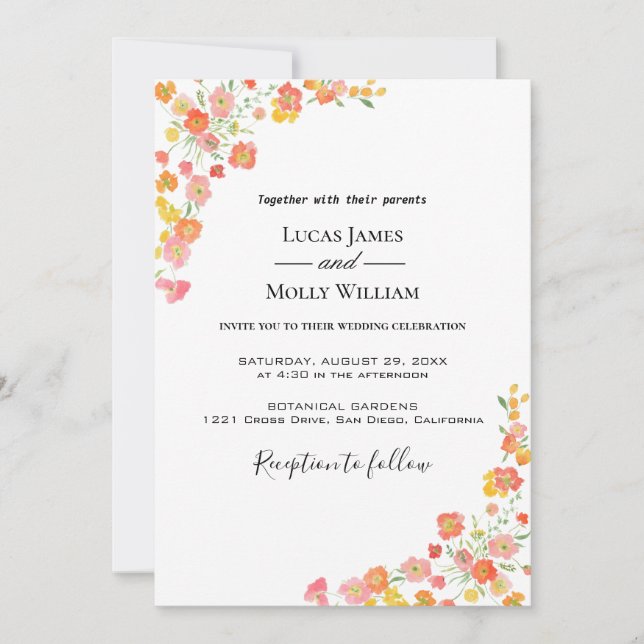 Pink & Orange Summer Floral Wedding Invitation (Front)