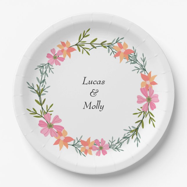 Pink & Orange Summer Floral Wedding Paper Plate (Front)
