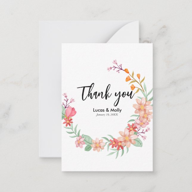 Pink & Orange Summer Floral Wedding Thank you Card (Front)