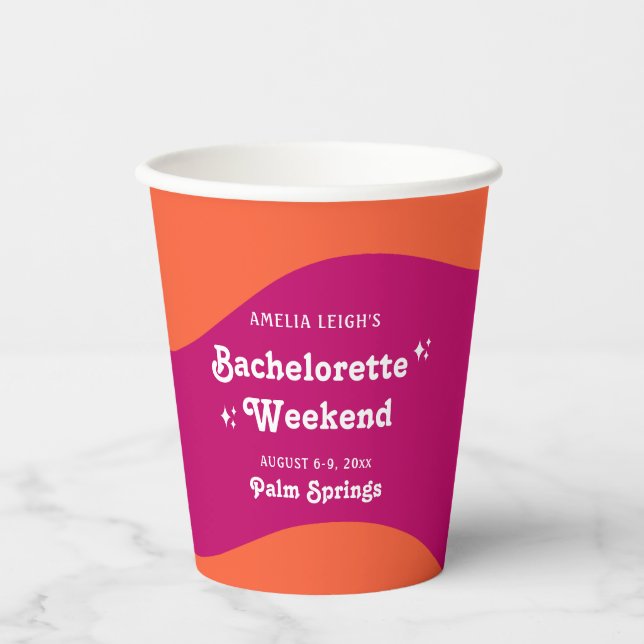 Pink & Orange Sunset Retro Bachelorette Weekend Paper Cups (Front)