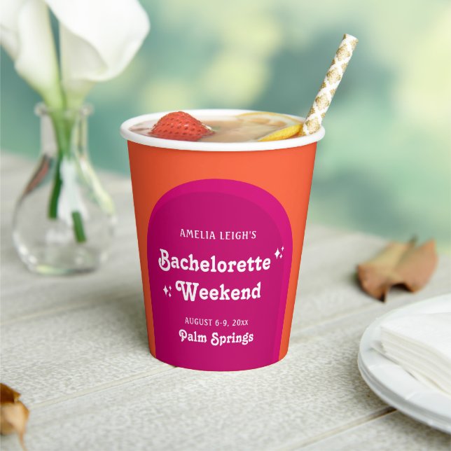 Pink & Orange Sunset Retro Bachelorette Weekend Paper Cups (Insitu)