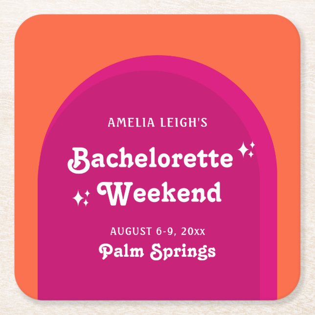 Pink & Orange Sunset Retro Bachelorette Weekend Square Paper Coaster (Front)