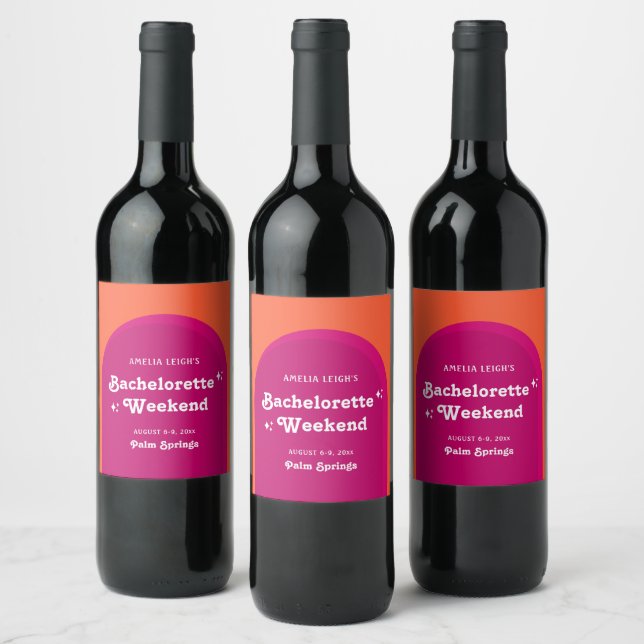 Pink & Orange Sunset Retro Bachelorette Weekend Wine Label (Bottles)