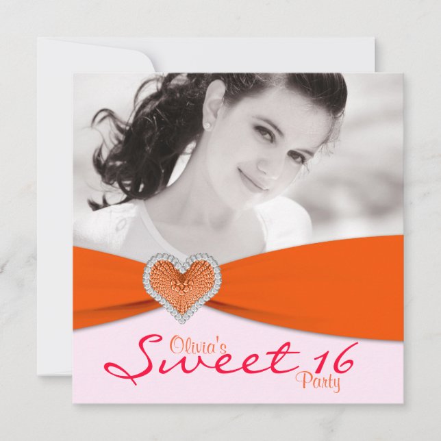 Pink & Orange Sweet Sixteen Photo Birthday Party Invitation (Front)