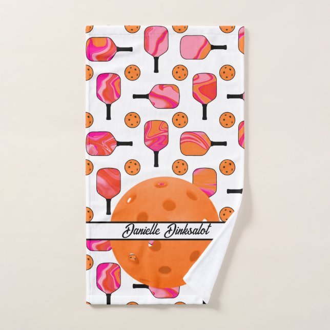 Pink Orange Swirl Pickleball Paddles Balls Custom Hand Towel (Hand Towel)