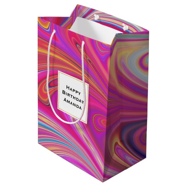 Pink Orange Swirls Abstract Design Birthday Medium Gift Bag (Back Angled)