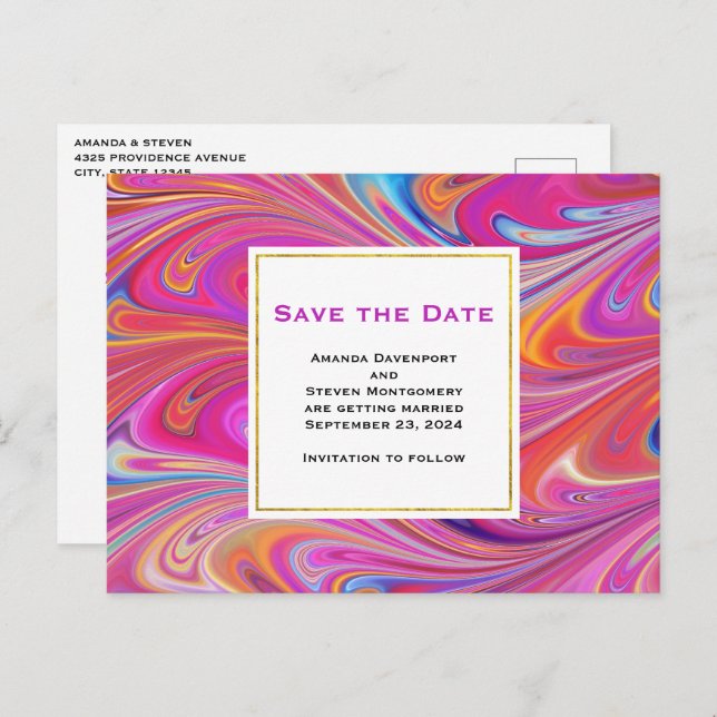 Pink Orange Swirls Abstract Design Save the Date Invitation Postcard (Front/Back)