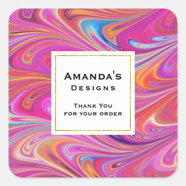Pink Orange Swirls Abstract Thank You Business Square Sticker (Front)