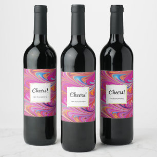 Pink Orange Swirls Groovy Design Cheers Wine Label