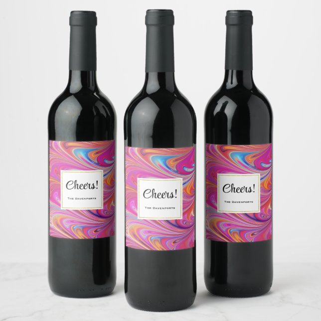 Pink Orange Swirls Groovy Design Cheers Wine Label (Bottles)