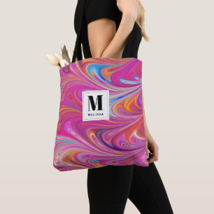 Pink Orange Swirls Groovy Design Monogram Tote Bag