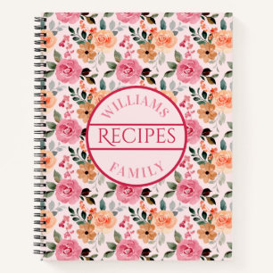 Pink, Orange, Tan Roses and Flowers Family Recipe Notebook