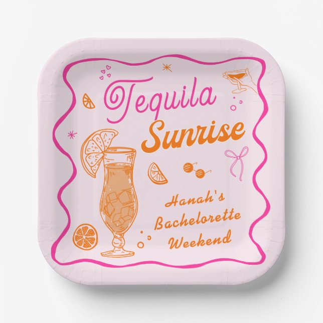 Pink Orange Tequila Sunrise Bachelorette party Paper Plate (Front)