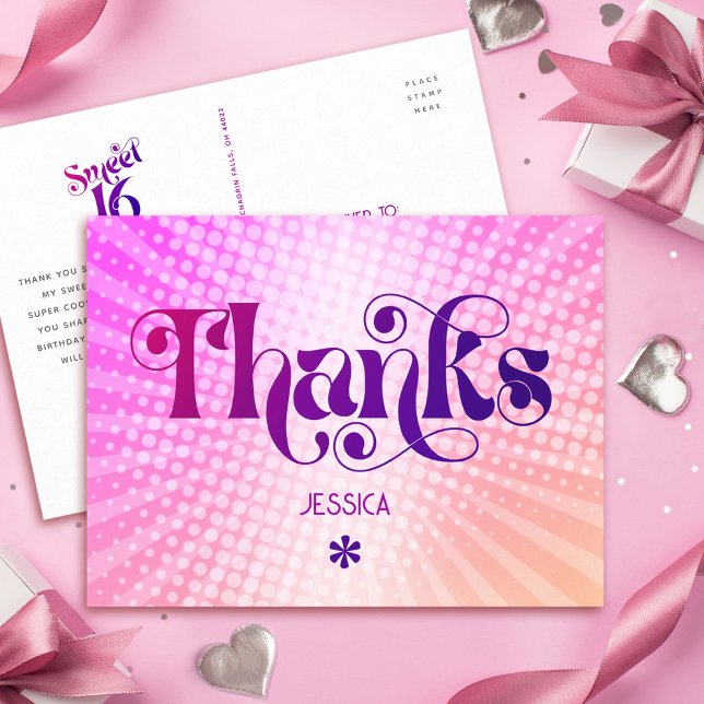 Pink Orange Thank You Sweet 16 Groovy Gradient Postcard (Creator Uploaded)