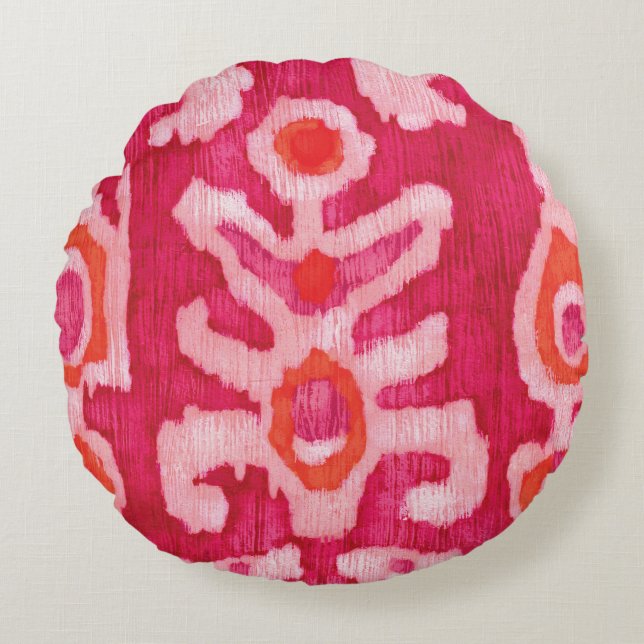 Pink & Orange Tribal Ikat  Round Cushion (Front)