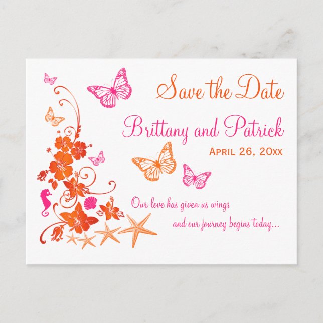 Pink, Orange Tropical Beach Save the Date Postcard (Front)