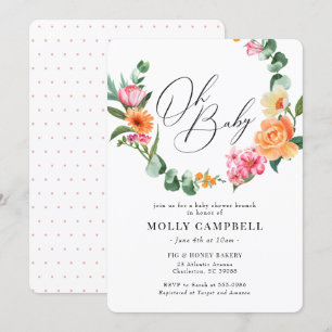 Pink Orange Tropical Flower Wreath Baby Shower Invitation