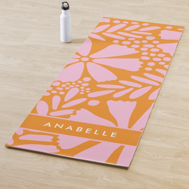 Pink & Orange Tropical Flowers Monogram Yoga Mat (In Situ)