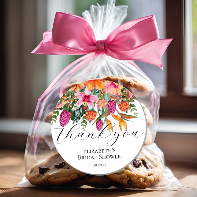 Pink Orange Tropical Flowers Script Thank You Classic Round Sticker (Creator Uploaded)