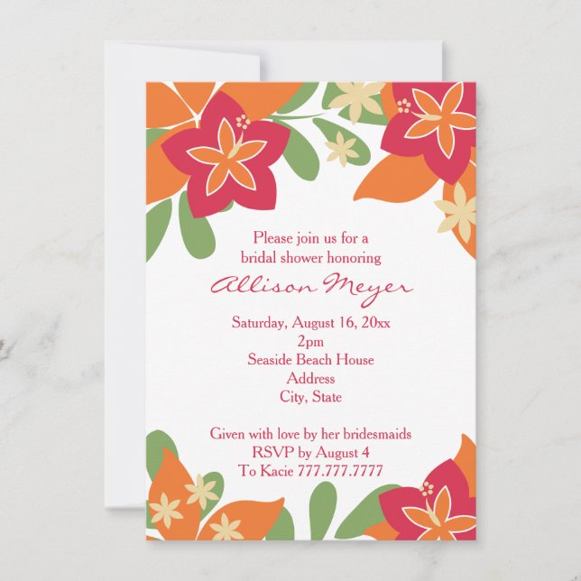 Pink Orange Tropical Hibiscus Flower Bridal Shower Invitation (Front)
