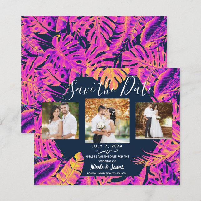 Pink Orange Tropical Leaves Wedding Save the Date (Front/Back)