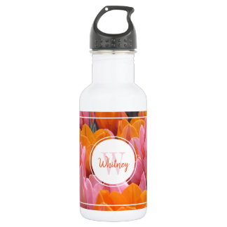 Pink & Orange Tulips Monogram Water Bottle