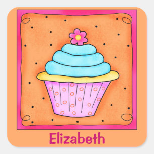 Pink Orange Turquoise Flower Cupcake Name Square Sticker